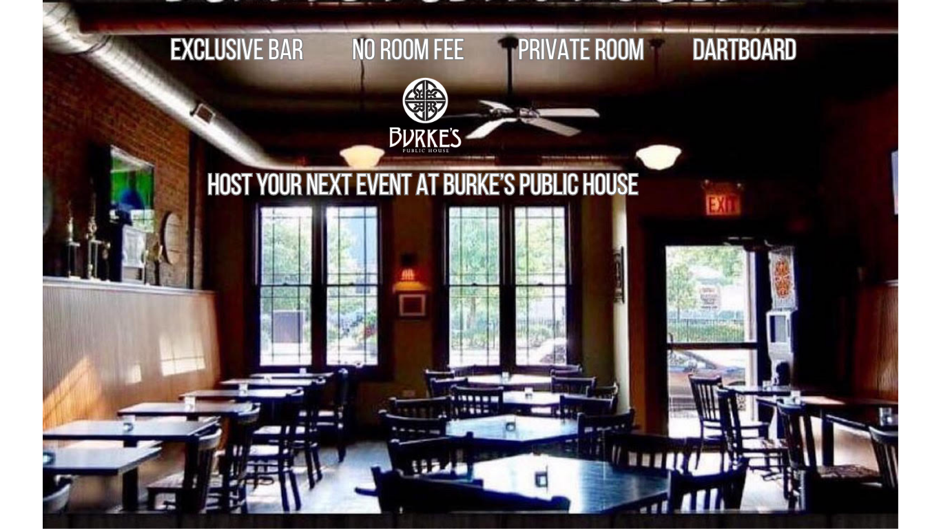 Host Your Next Event At Burke’s Public House Burke's Public House event space with private dining room featuring dark wood tables, chairs, dartboard, and large windows for hosting parties, meetings, and special events